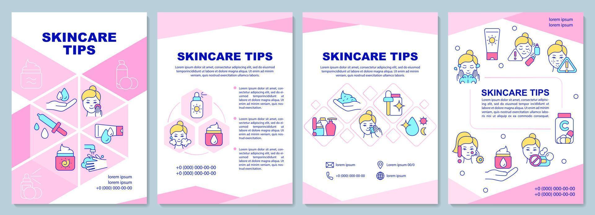 modello di brochure rosa suggerimenti per la cura della pelle. pelle sana. design per la stampa di opuscoli con icone lineari. layout vettoriali per presentazioni, relazioni annuali, annunci. arial-nero, una miriade di caratteri pro-regolari utilizzati