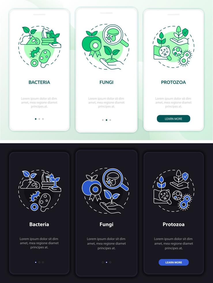 gestione dei microbi del suolo modalità notte e giorno onboarding dello schermo dell'app mobile. procedura dettagliata 3 passaggi pagine di istruzioni grafiche con concetti lineari. ui, ux, modello gui. sono stati utilizzati una miriade di caratteri normali in grassetto vettore