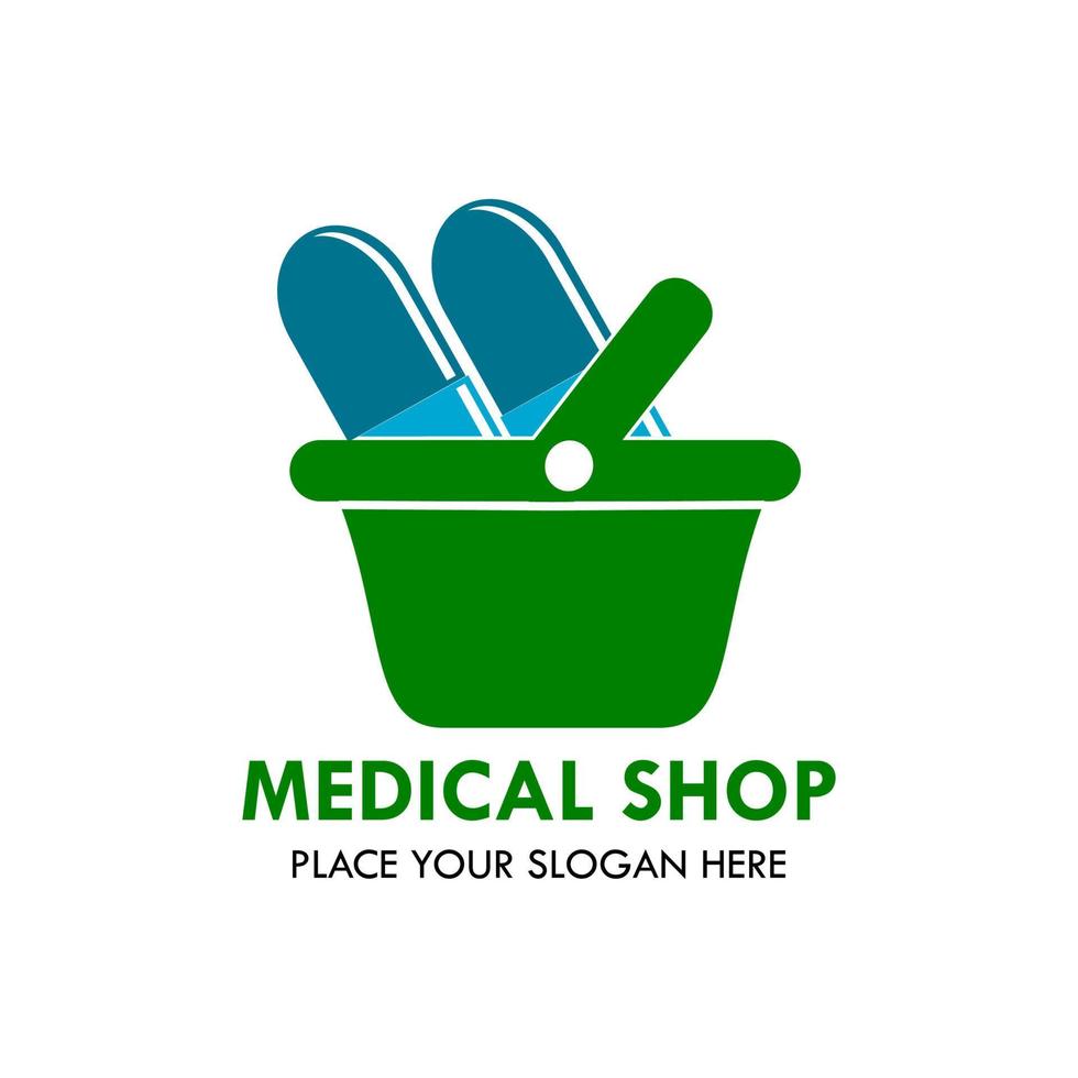 illustrazione del modello di progettazione logo negozio medico. lì cestino e capsula. questo è buono per medicina, consegna, online, farmacia, industriale ecc vettore