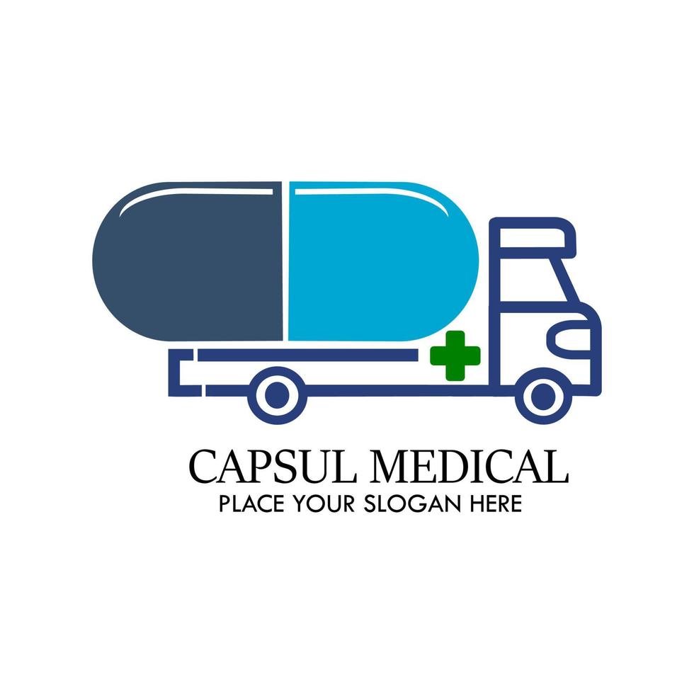 illustrazione del modello di progettazione del logo medico della capsula. ci sono auto e capsule. questo è buono per la consegna espressa, farmacia, medicina, istruzione, fabbrica, industriale ecc vettore