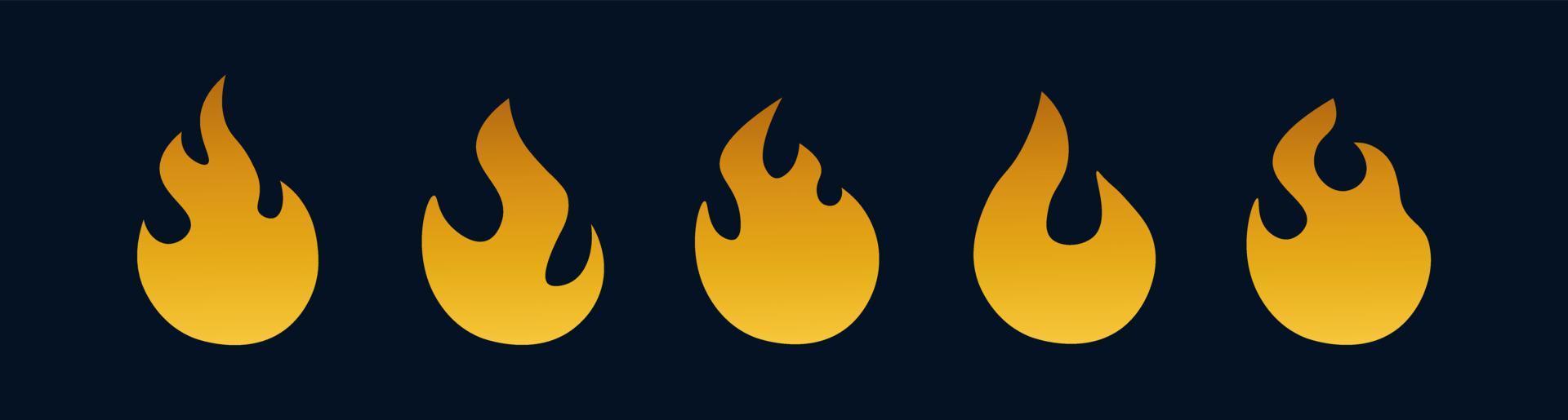 insieme di vettore dell'icona del fuoco. simbolo d'oro della fiamma. icona del fuoco dorato isolata.