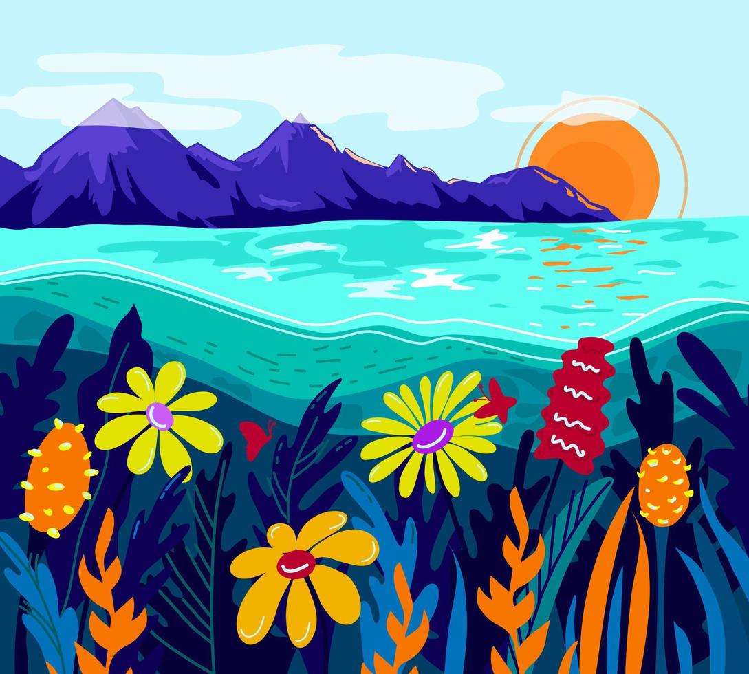 vettore paesaggio colorato. montagne, mare, fiori. estate.