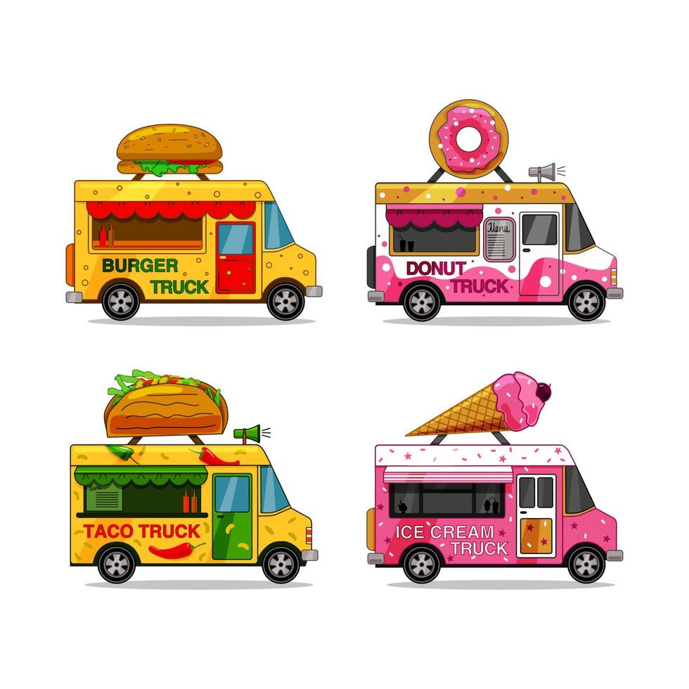 set di camion di cibo su uno sfondo bianco isolato. hamburger, gelato, ciambella, taco. vettore. vettore