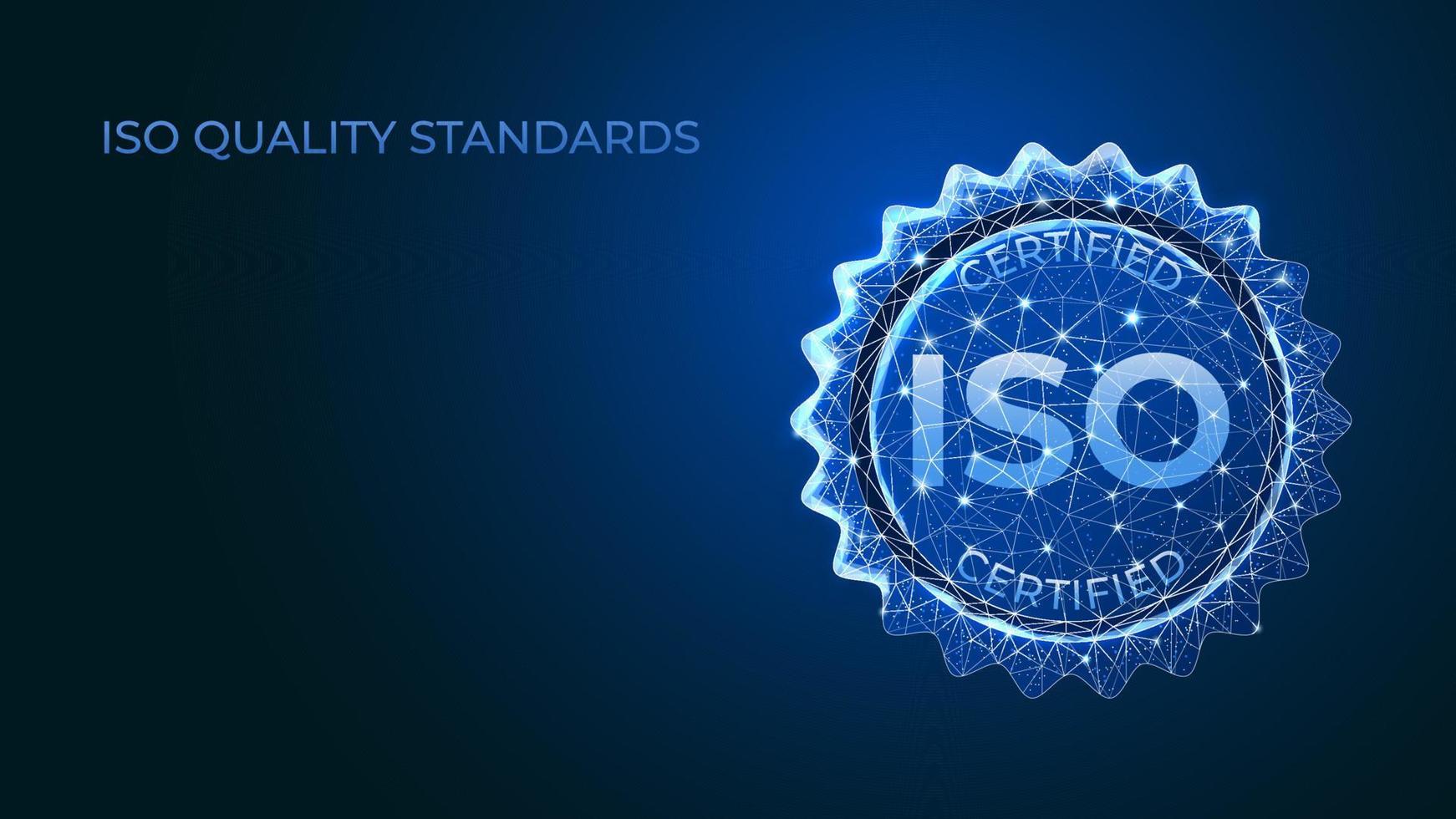 certificazione iso. standard di controllo qualità garantiti. tecnologia aziendale. illustrazione vettoriale in stile low poly.