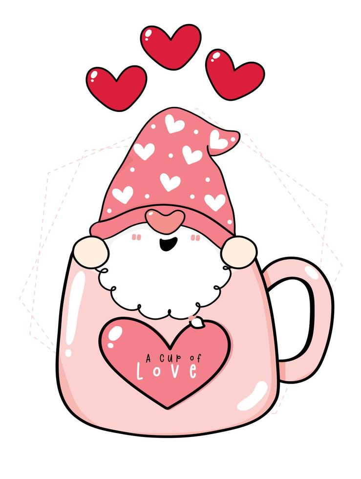 carino San Valentino gnomo ragazzo in rosa tazza di caffè piatto vettore cartone animato disegno contorno illustrazione