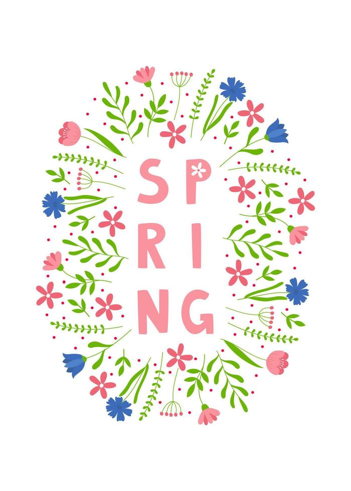 testo di lettere di primavera disegnato a mano con fiori. lettering stagione primaverile per biglietto di auguri, modello di invito, poster e banner vettore