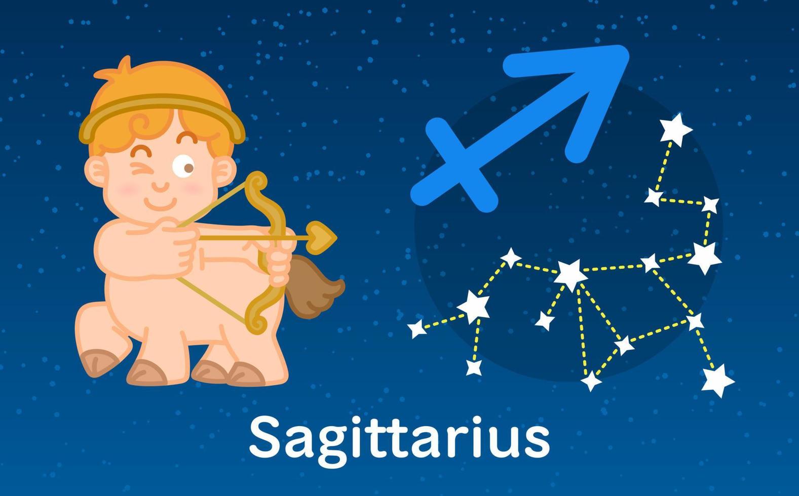simpatico cartone animato astrologia dello zodiaco sagittario con segno di costellazioni. illustrazione vettoriale sullo sfondo del cielo di stelle