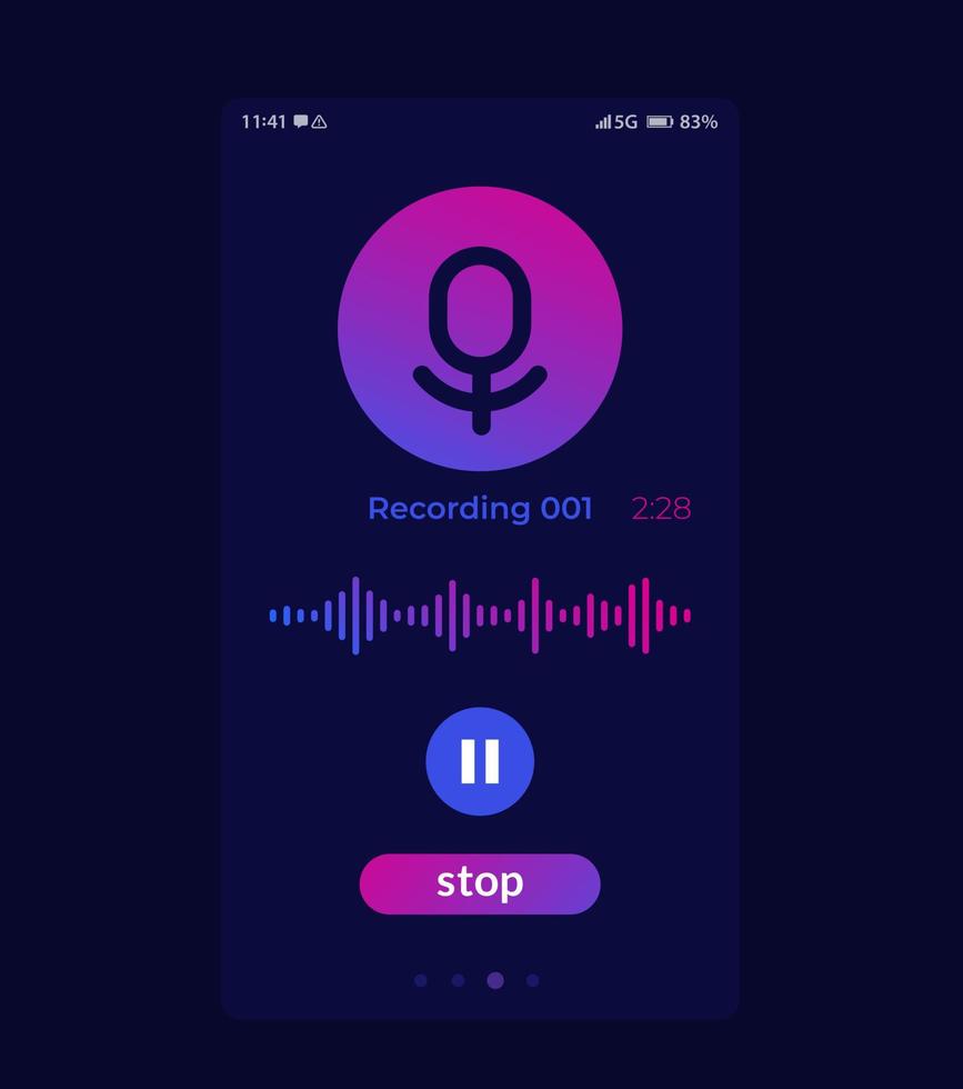 interfaccia utente mobile dell'app di registrazione audio, design del registratore vettore