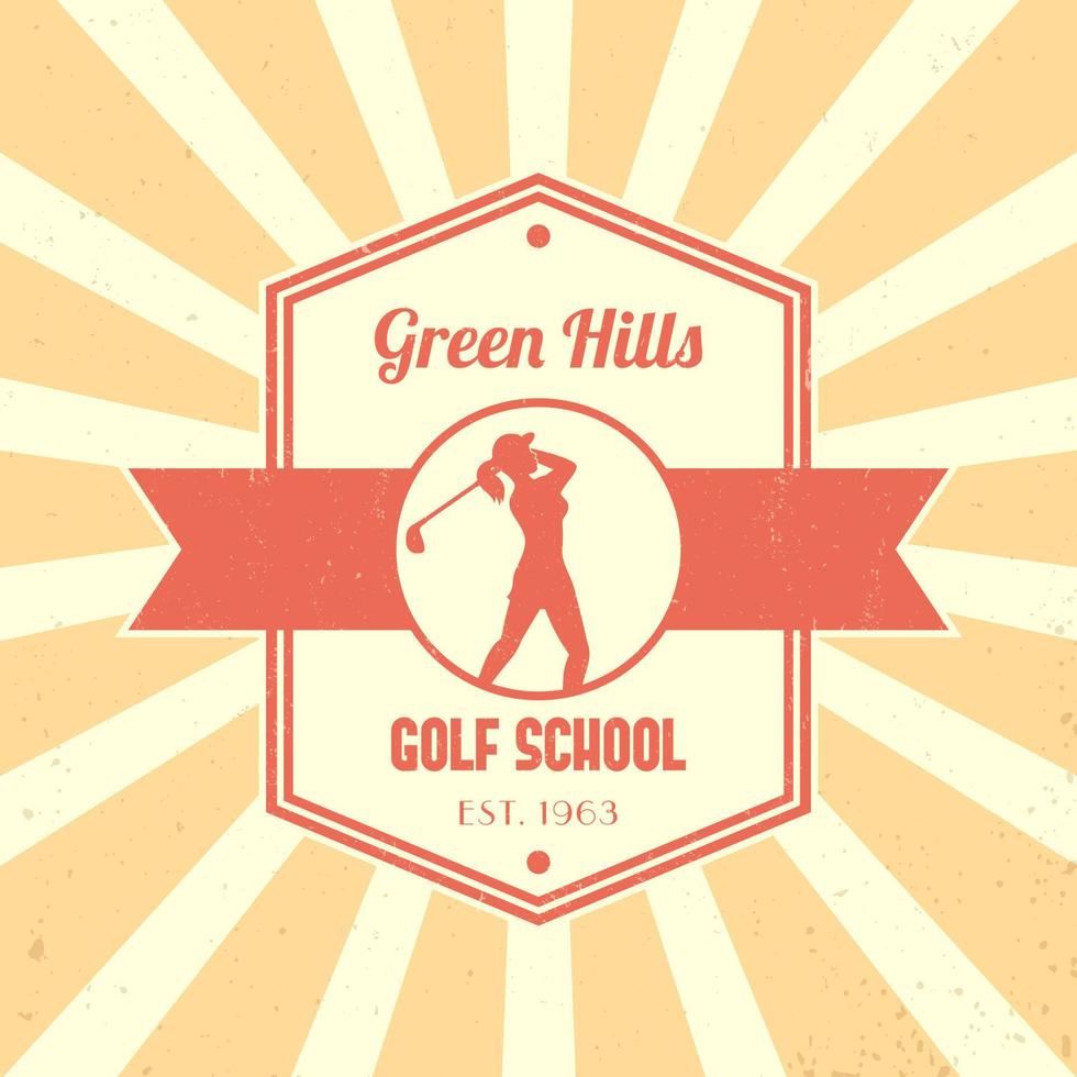 logo vintage della scuola di golf, distintivo, emblema tetragonale della scuola di golf, con giocatore di golf femminile, mazza da golf oscillante, giocatore di golf femminile, vettore