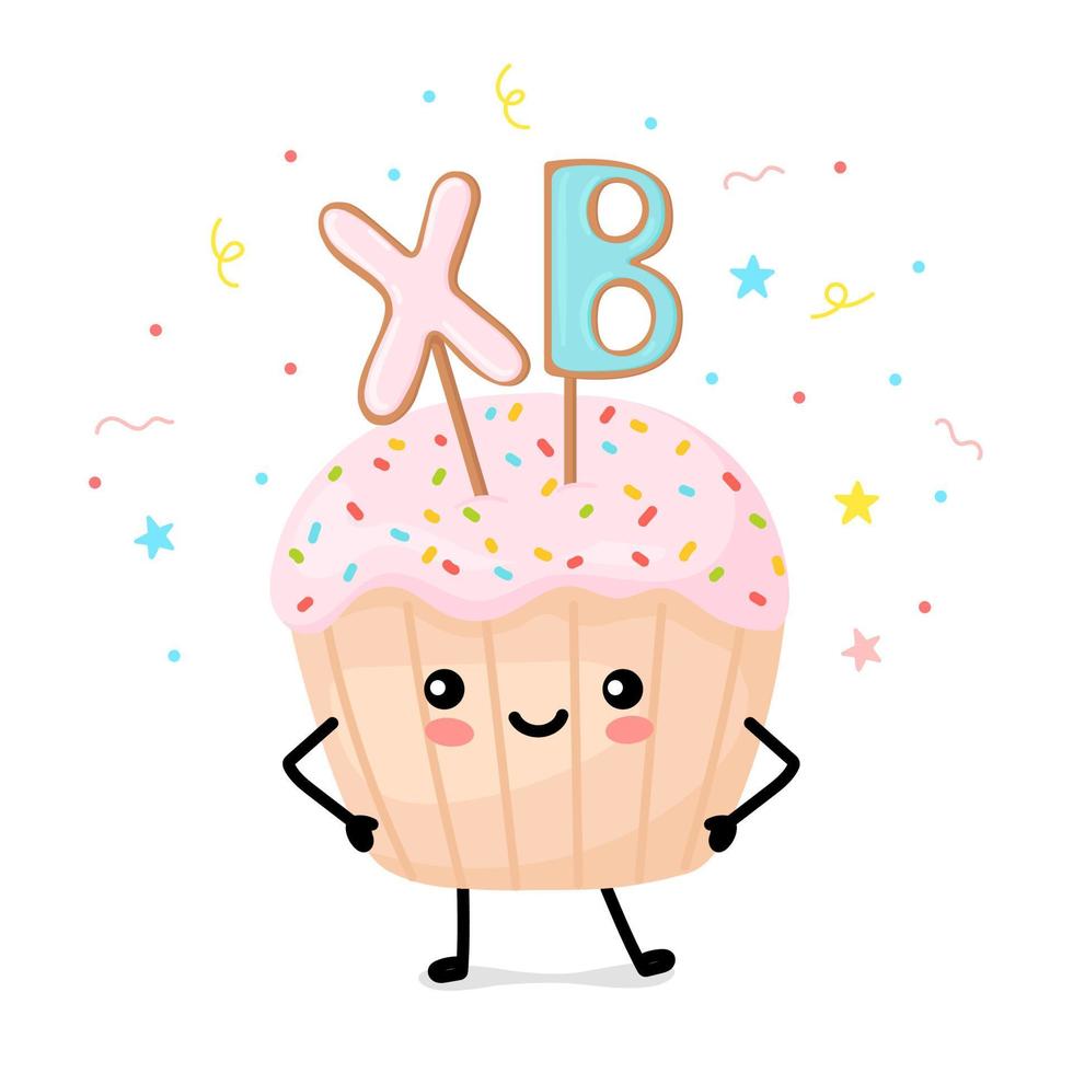 cupcakes pasquali kawaii. illustrazione carina con torta per pasqua. cartone animato vettore