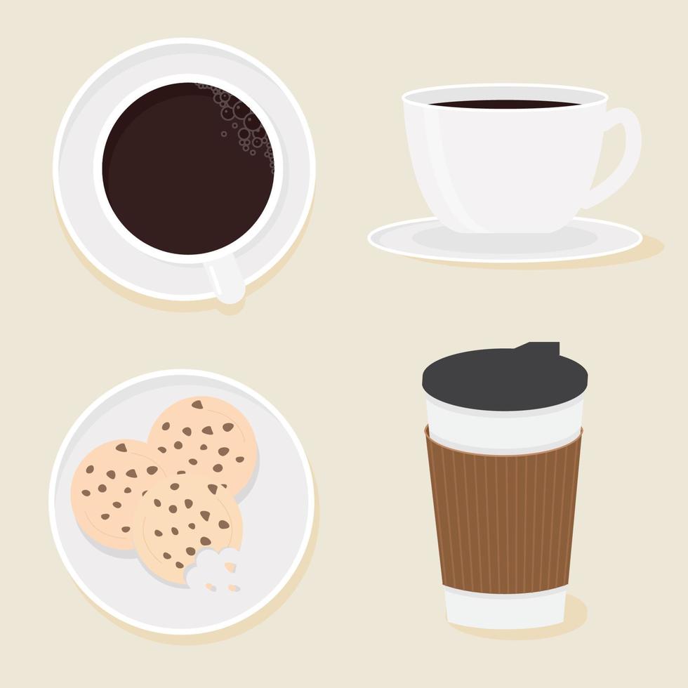illustrazione di vettore eps10 di stile piatto della raccolta di caffè e biscotti
