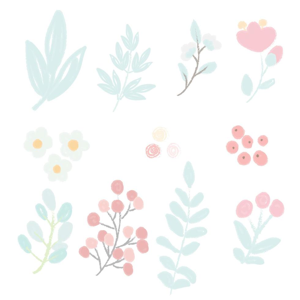 carino disegnato a mano stile pastello rosa e blu primavera piccoli fiori e foglie collezione vettore