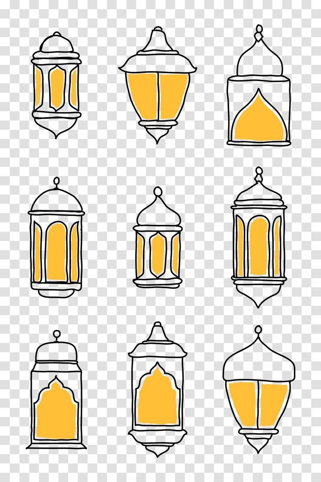 linea islamica araba lanterna simbolo icona collezione set. set di lanterne disegnate a mano. illustrazione vettoriale in stile doodle