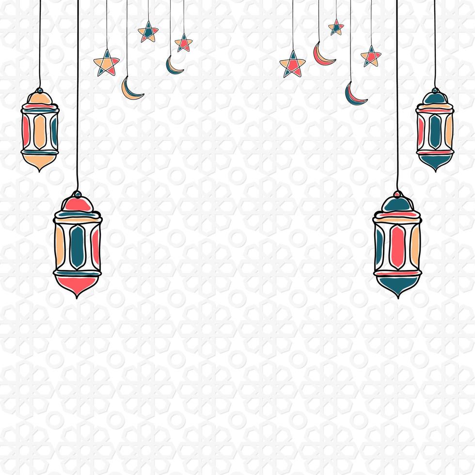 modello decorativo per ramadan con stelle, luna e lanterna. ramadan kareem disegnato a mano con lanterna. illustrazione vettoriale