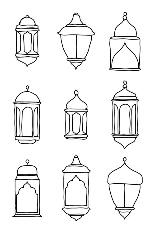 linea islamica araba lanterna simbolo icona collezione set. set di lanterne disegnate a mano. illustrazione vettoriale in stile doodle