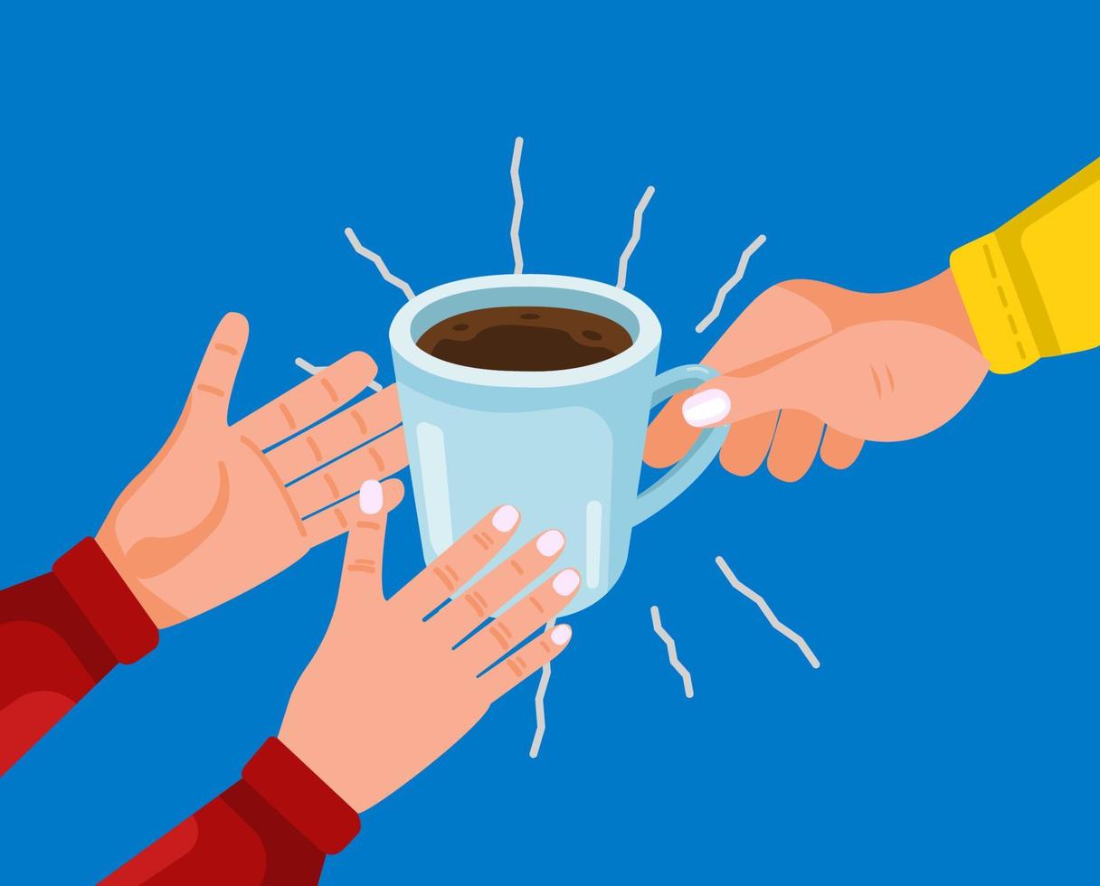 mani che tengono una tazza d'acqua o caffè per qualcuno. illustrazione vettoriale in stile cartone animato.