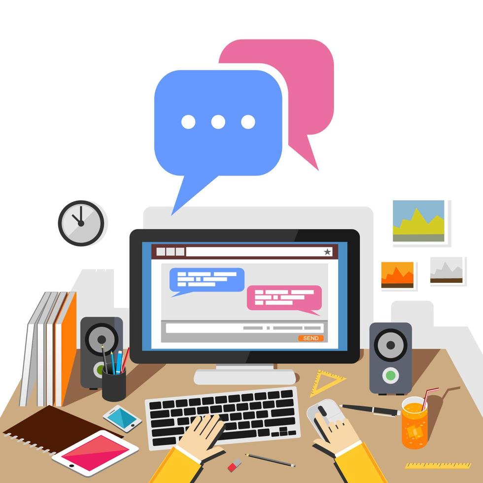 chattare sul sito Web sociale o sull'applicazione di social media con desktop. illustrazione del concetto di chat. vettore