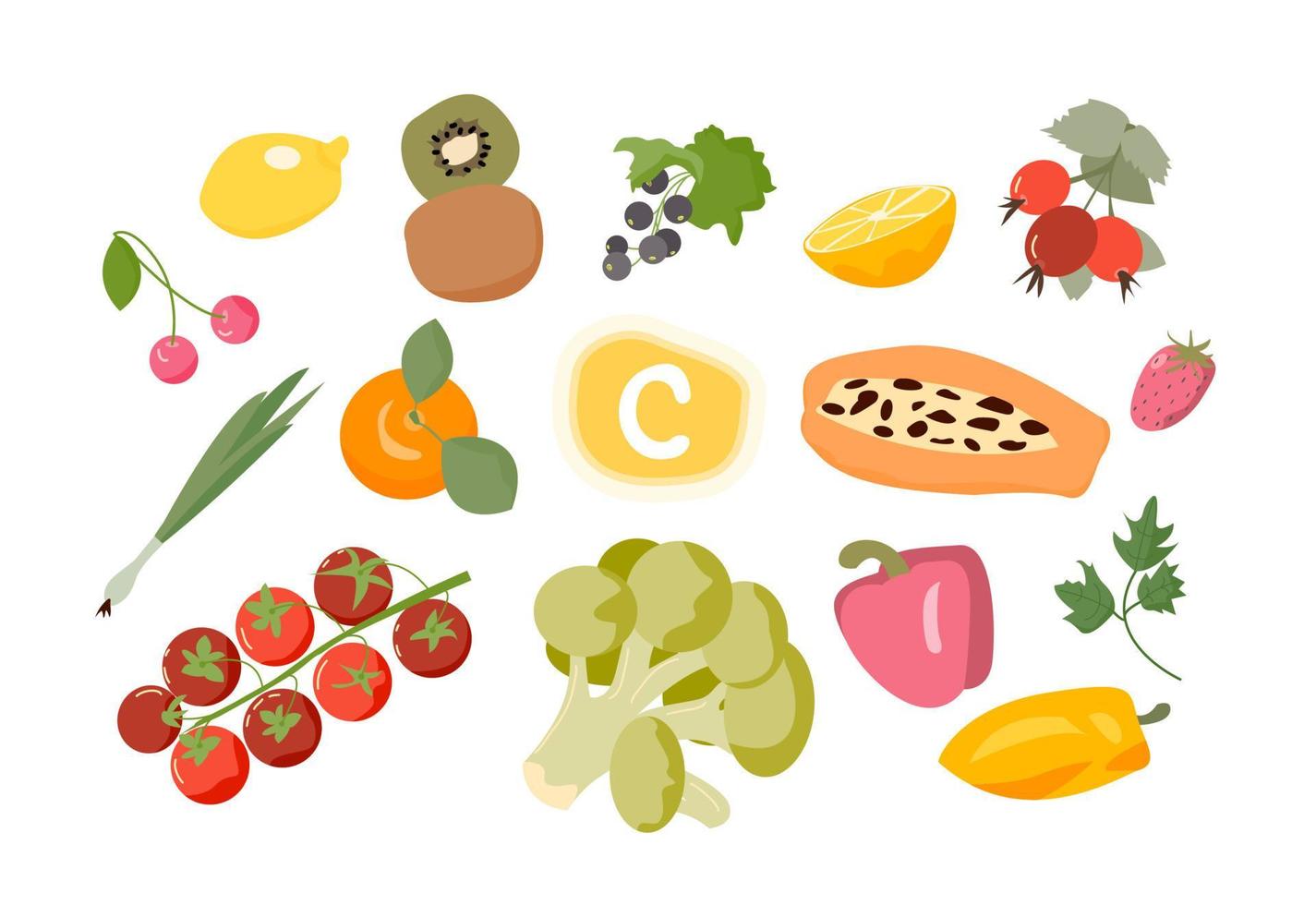 insieme di fonti di vitamina C. cibo biologico e cibo dietetico sano. illustrazione del fumetto vettoriale piatta isolata su sfondo bianco