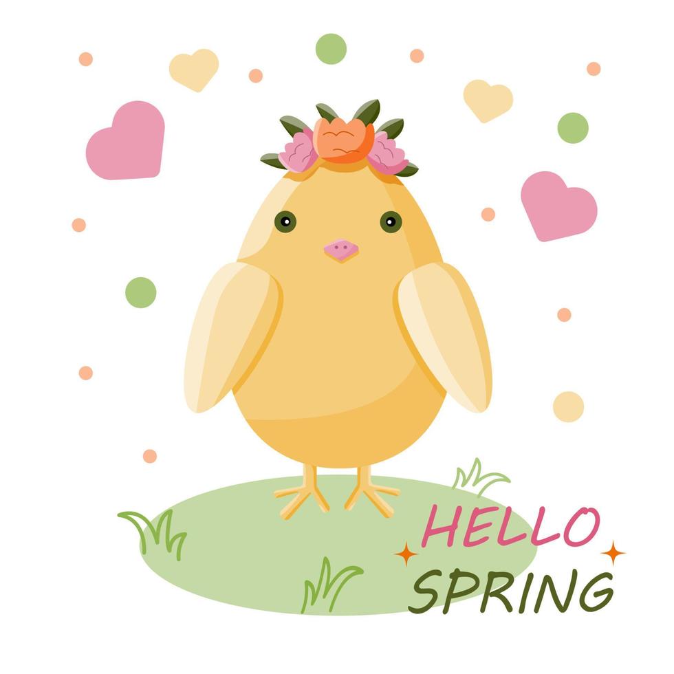 simpatico pollo giallo con ghirlanda di fiori in testa è in piedi sul prato. illustrazione vettoriale colorato di Pasqua con testo ciao primavera