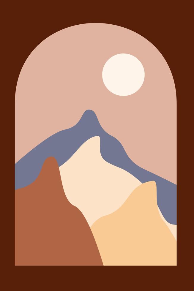 poster di paesaggio di montagne moderne, decorazioni da parete boho, stampa d'arte minimalista. stampa minima per invito a una festa estiva di design, pubblicità di agenzie di viaggio vettore