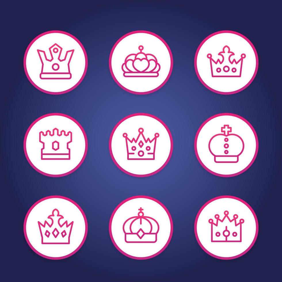 corone linea icone rotonde, regalità, re, monarca, sovrano, simboli della regina vettore