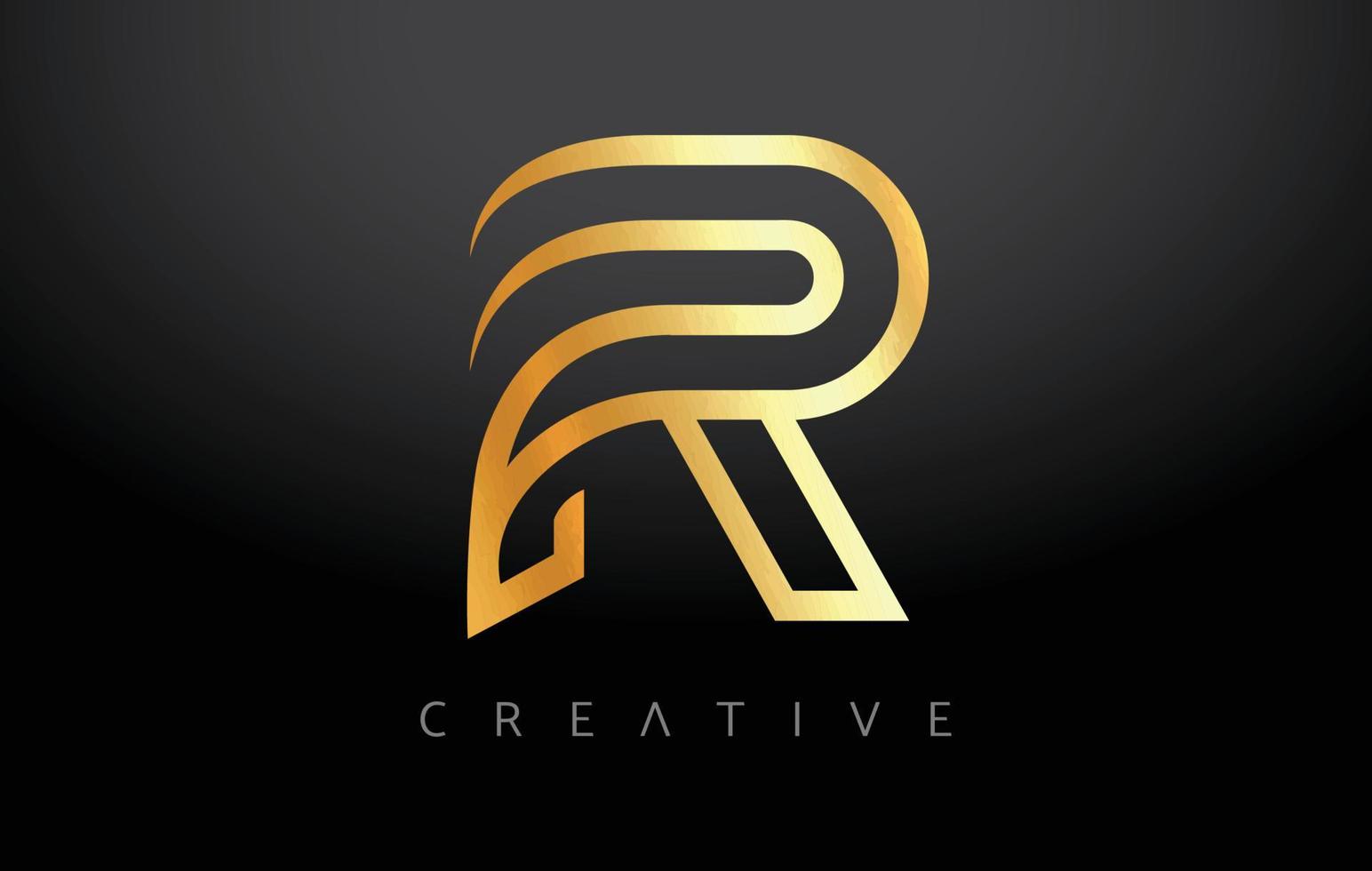 concetto di lettera r dorata con monogramma di linee e vettore di aspetto creativo metallico