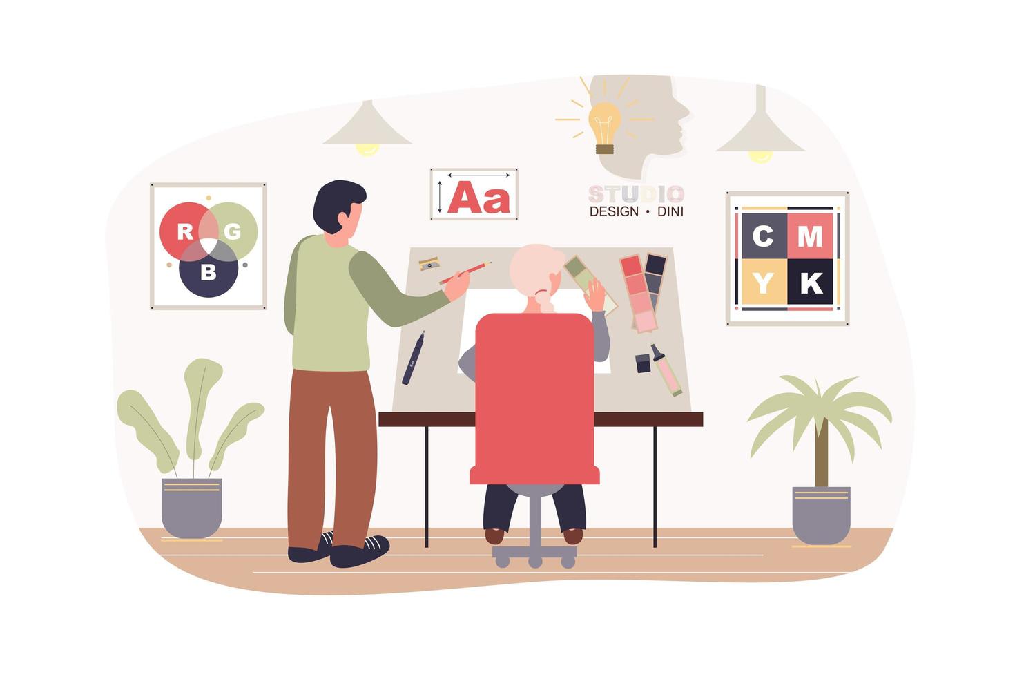 il team di designer lavora al concetto piatto moderno dello studio di design. l'uomo e la donna disegnano e selezionano la tavolozza di colori e caratteri per il progetto creativo. illustrazione vettoriale con scena di persone per il design di banner web