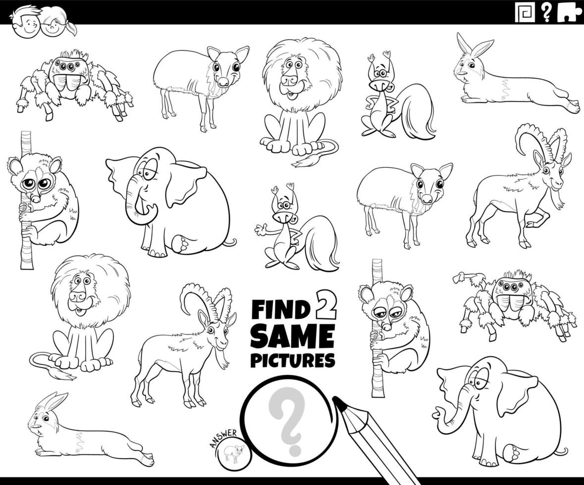 trova la stessa pagina del libro da colorare di due animali dei cartoni animati vettore