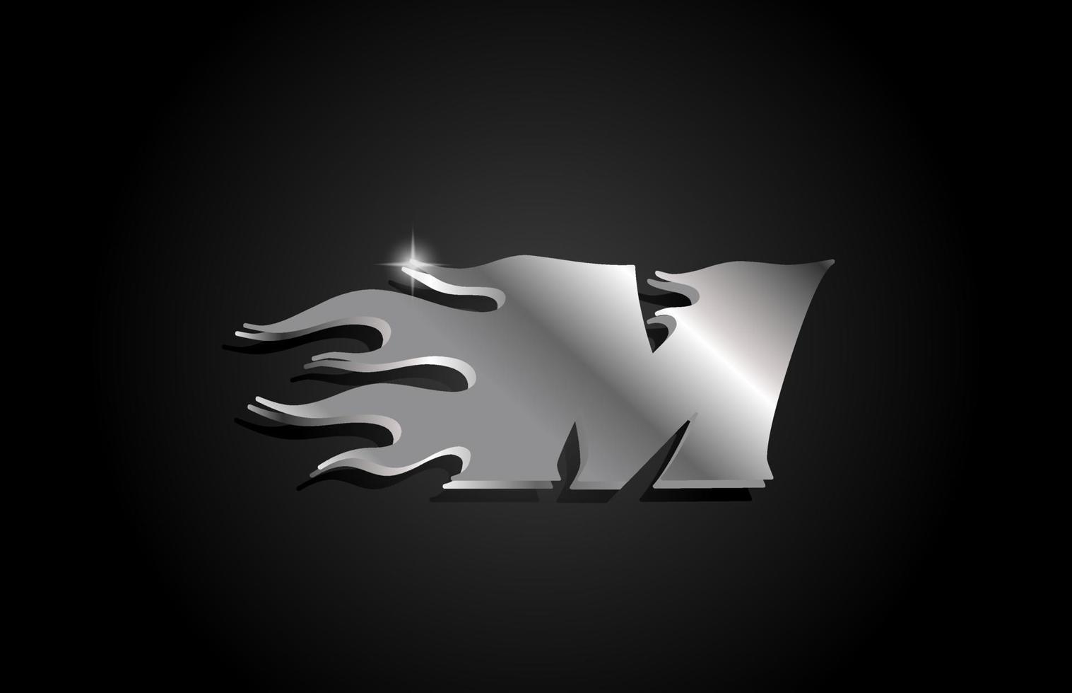 design del logo dell'icona della lettera m dell'alfabeto grigio metallo. modello creativo per affari con stile metallico e fiamme vettore