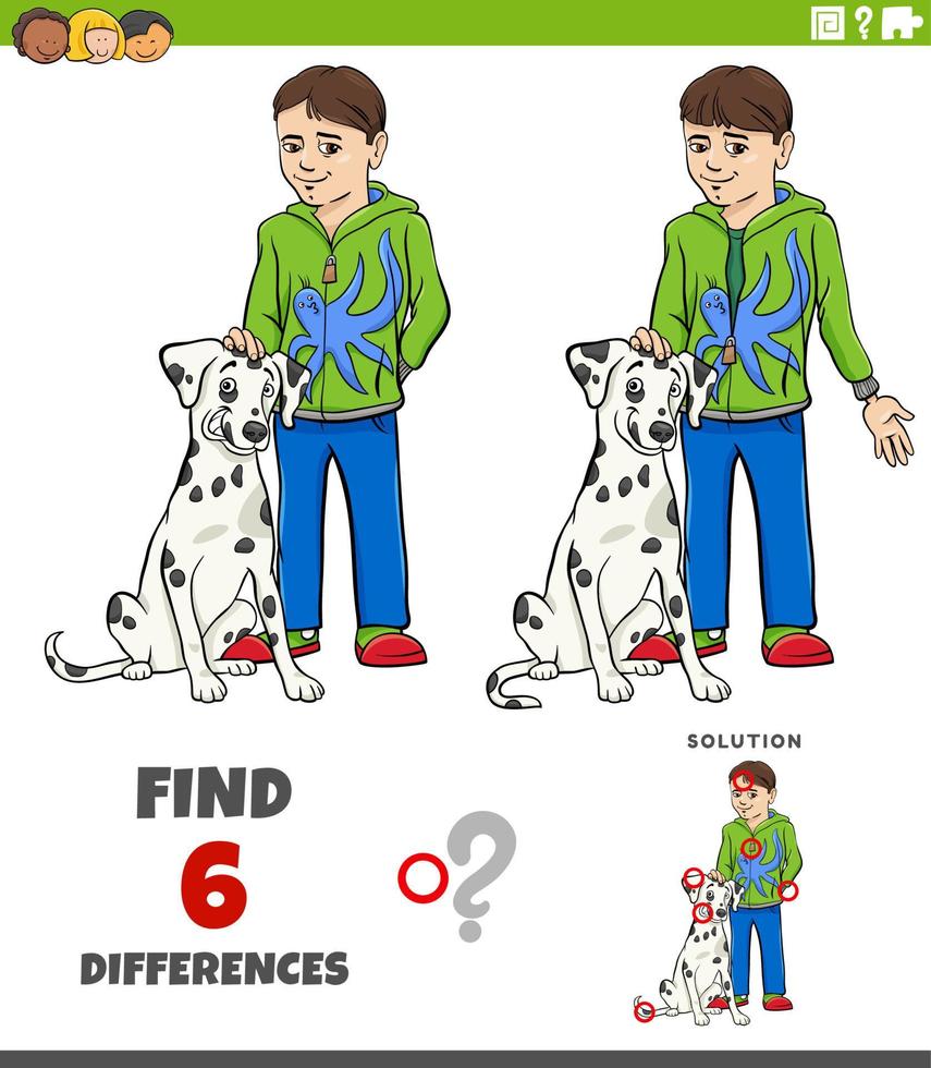 gioco di differenze con il ragazzo dei cartoni animati e il suo cane vettore