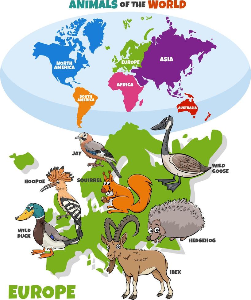 illustrazione educativa con animali europei dei cartoni animati vettore