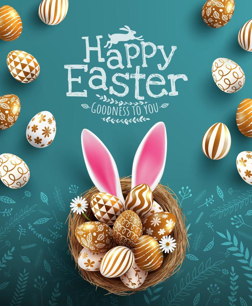 poster di pasqua e modello di banner con uova di pasqua dorate nel nido su lavagna.saluti e regali per il giorno di pasqua in uno stile piatto lay.promozione e modello di shopping per pasqua vettore