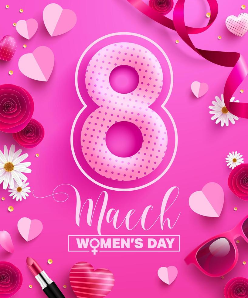 8 marzo poster o banner per la festa della donna con fiori e cuori dolci su sfondo rosa. modello di promozione e shopping o sfondo per amore e concetto di festa della donna vettore