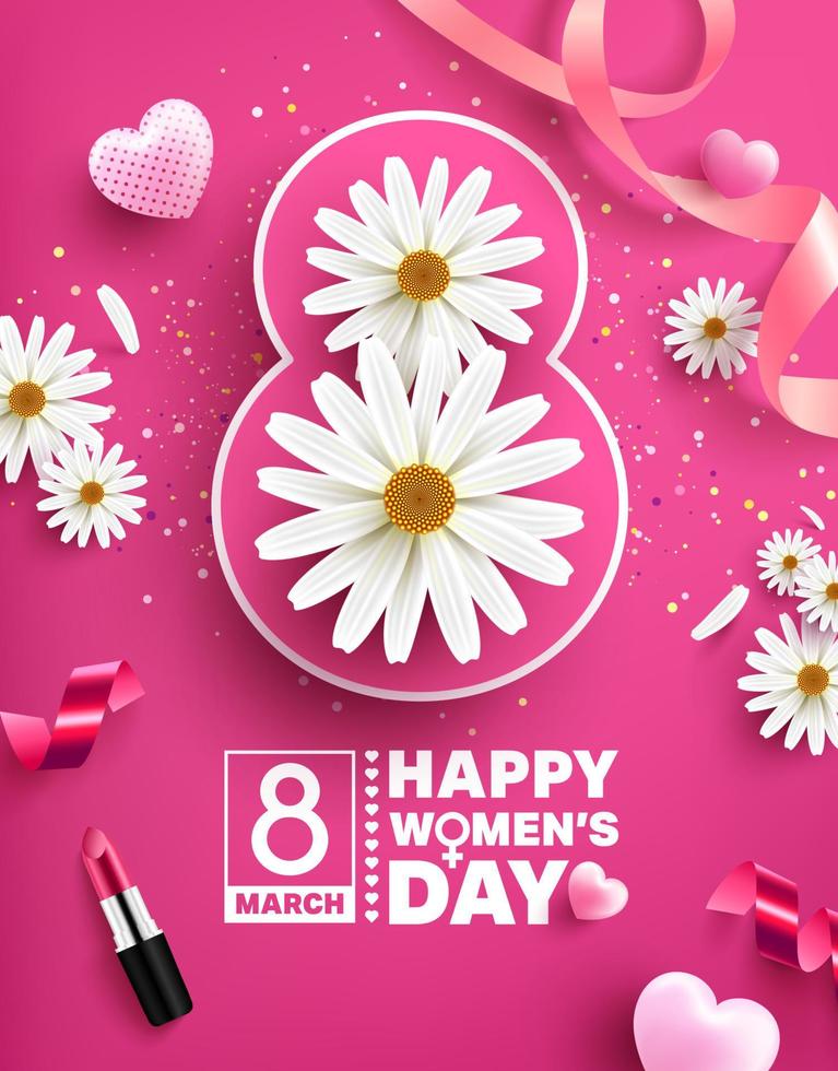 8 marzo poster o banner per la festa della donna con fiori e cuori dolci su sfondo rosa. modello di promozione e shopping o sfondo per amore e concetto di festa della donna vettore
