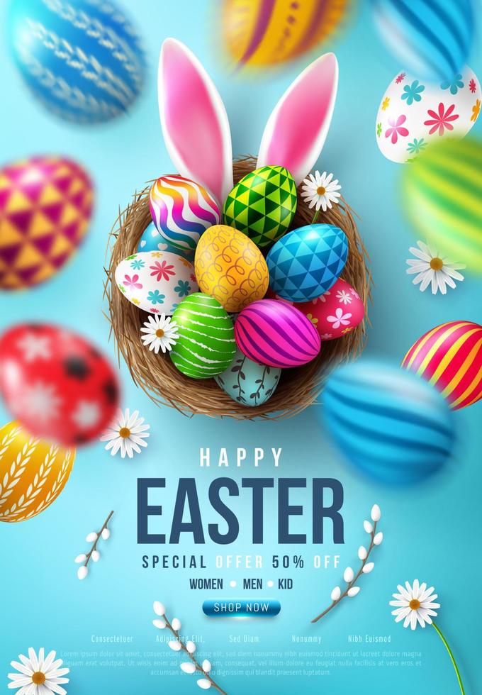 modello di poster e volantino di pasqua con uova di pasqua nel nido e orecchie di coniglio su sfondo bule saluti e regali per il giorno di pasqua in stile piatto laici modello di promozione e shopping per pasqua vettore