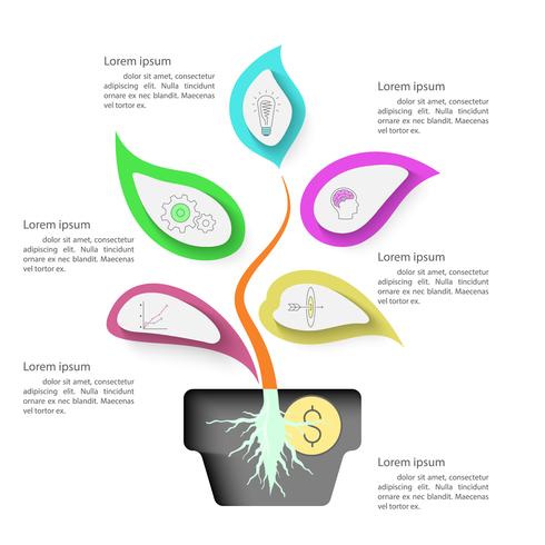 Infografica albero con forte radice in vaso e decorare con icone. vettore