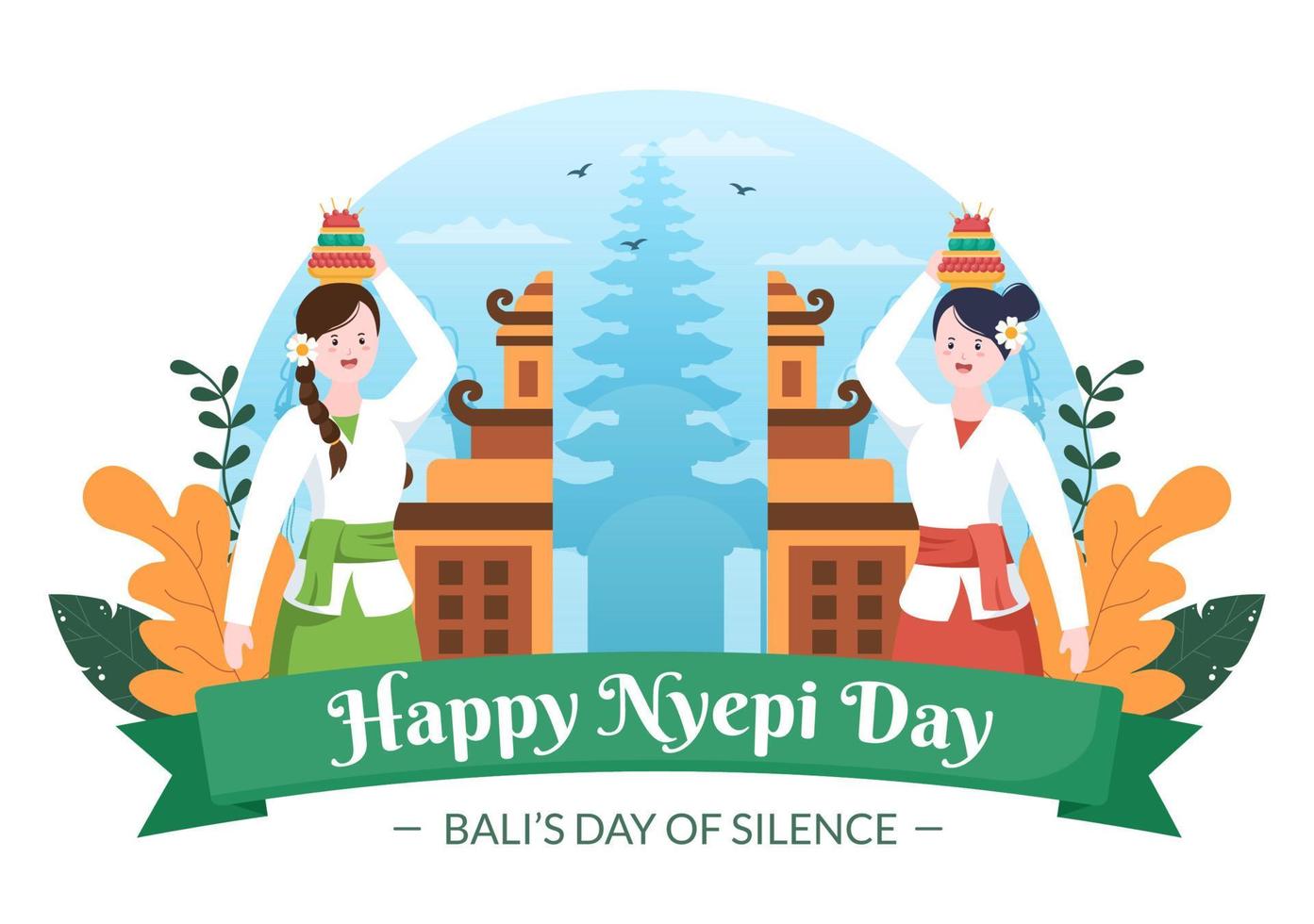 felice giorno di nyepi o silenzio di bali per le cerimonie indù a bali con geni galungan, kuningan e ngembak sullo sfondo dell'illustrazione del tempio vettore