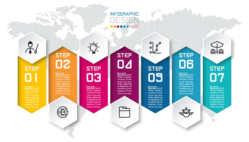 Sette barre colorate con infografica icona aziendale. vettore