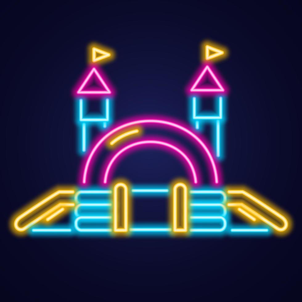 icona al neon del castello gonfiabile. casa di salto nel parco giochi per bambini. illustrazione vettoriale. vettore