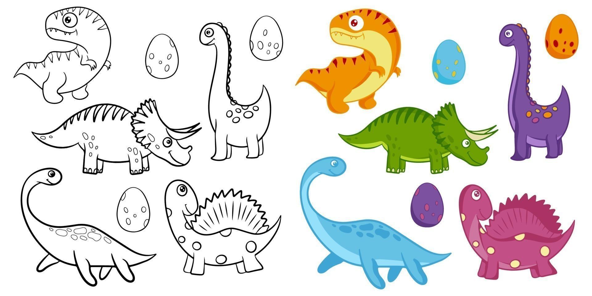 set di dinosauri dei cartoni animati per la colorazione. illustrazione vettoriale in bianco e nero. gioco educativo per bambini. stile cartone animato piatto.