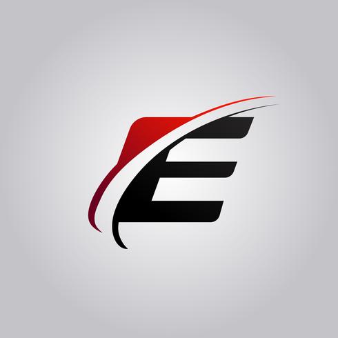 logo E iniziale con swoosh colorato di rosso e nero vettore