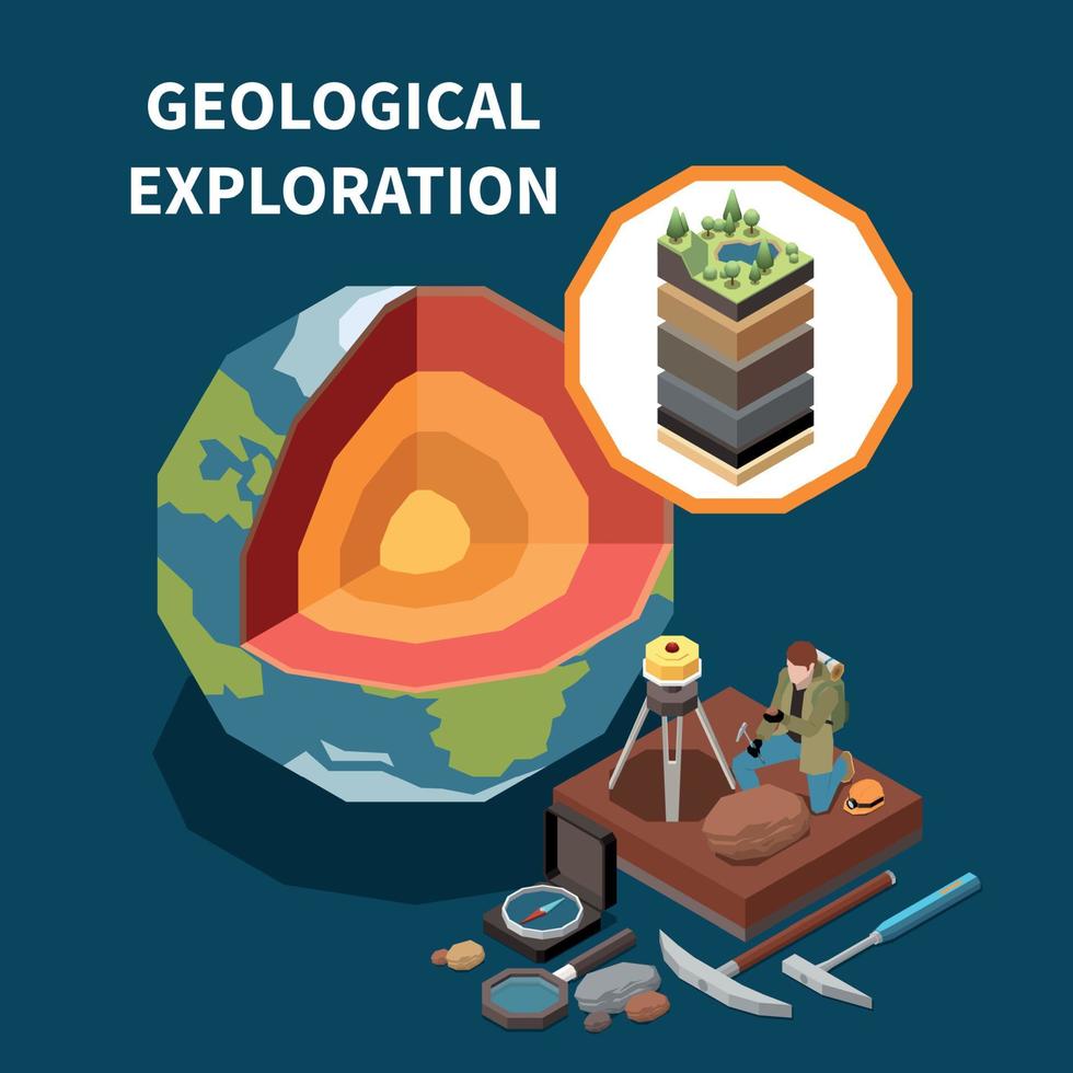 composizione colorata isometrica di esplorazione della terra di geologia vettore