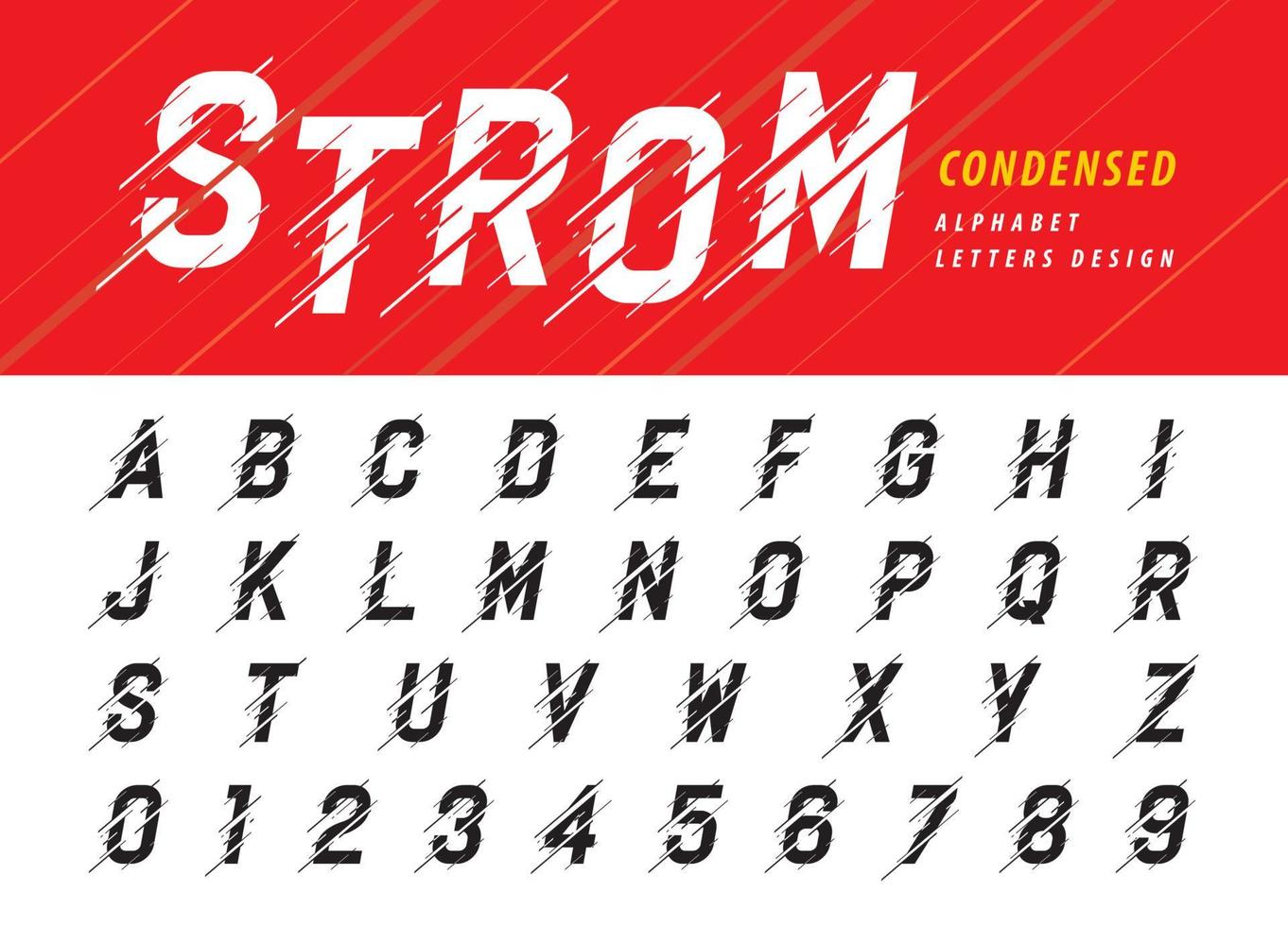 caratteri stilizzati corsivi condensati lettera tempesta in movimento, lettere e numeri dell'alfabeto moderno glitch vettore
