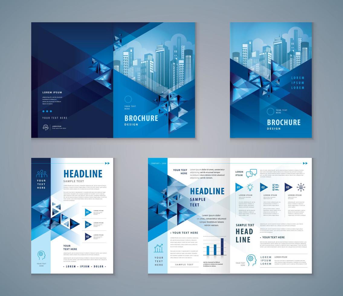 brochure di copertina, volantino, set di design per volantini, vettore di sfondo triangolo geometrico blu astratto