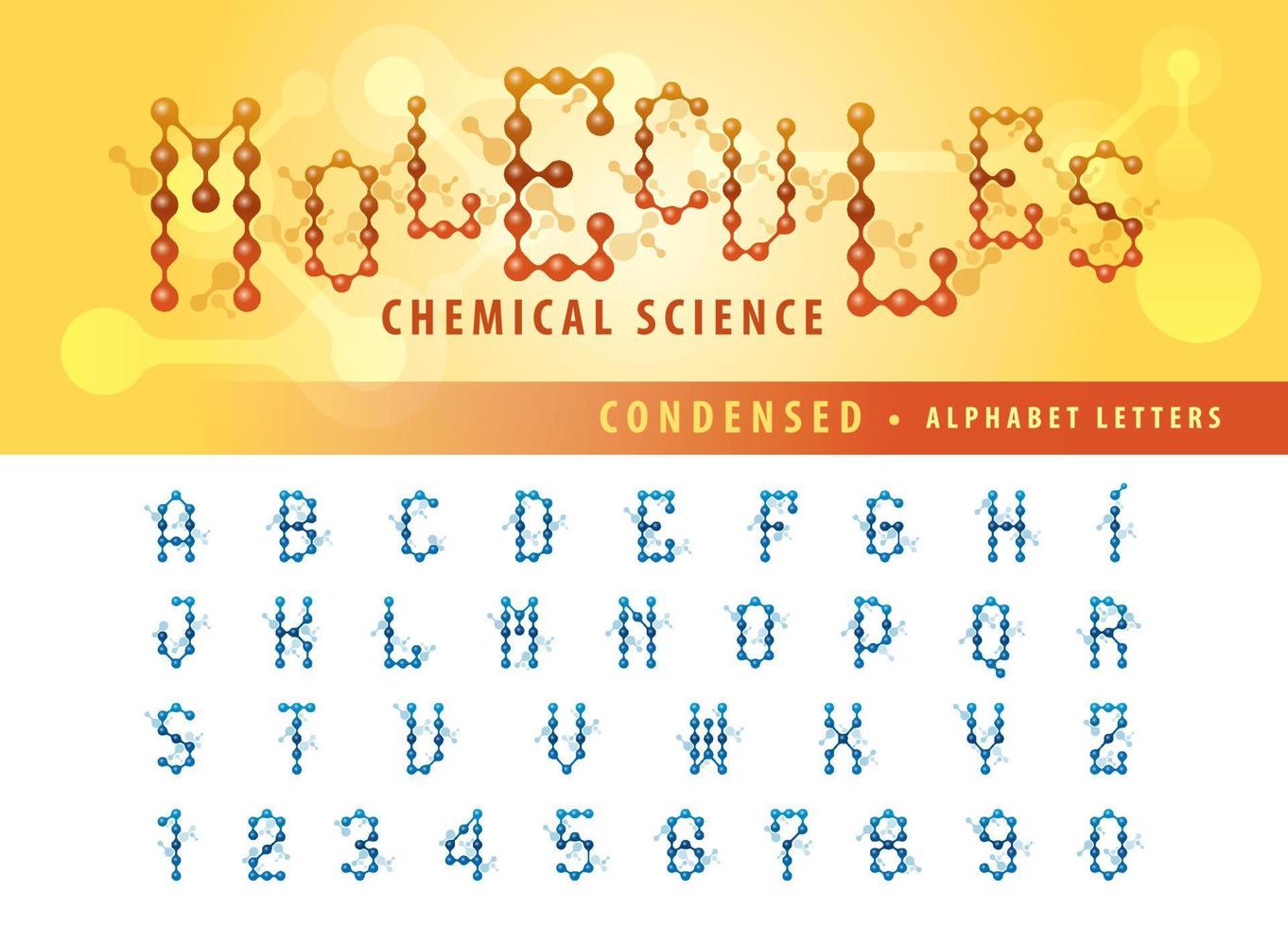 lettere e numeri dell'alfabeto delle cellule della molecola del DNA, lettere condensate impostate per chimica cellulare della molecola dell'atomo, scienza, connessione, connessione, biologia, fisica vettore