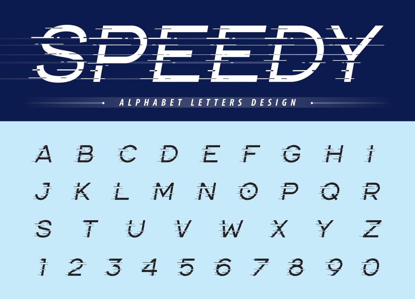 caratteri di lettere corsivo velocità moderna, lettere e numeri dell'alfabeto moderno glitch vettore