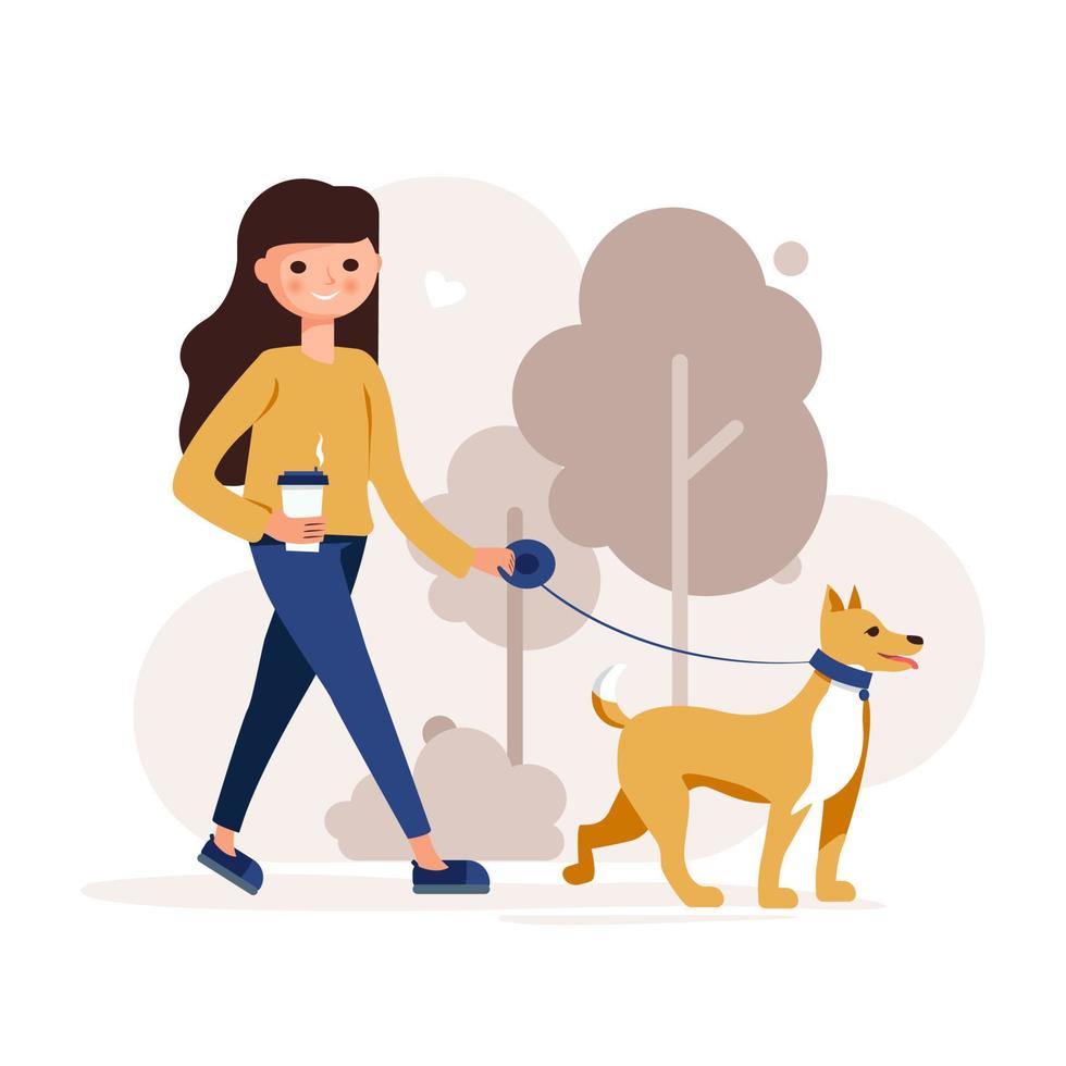 una ragazza con un cane cammina nel parco vettore