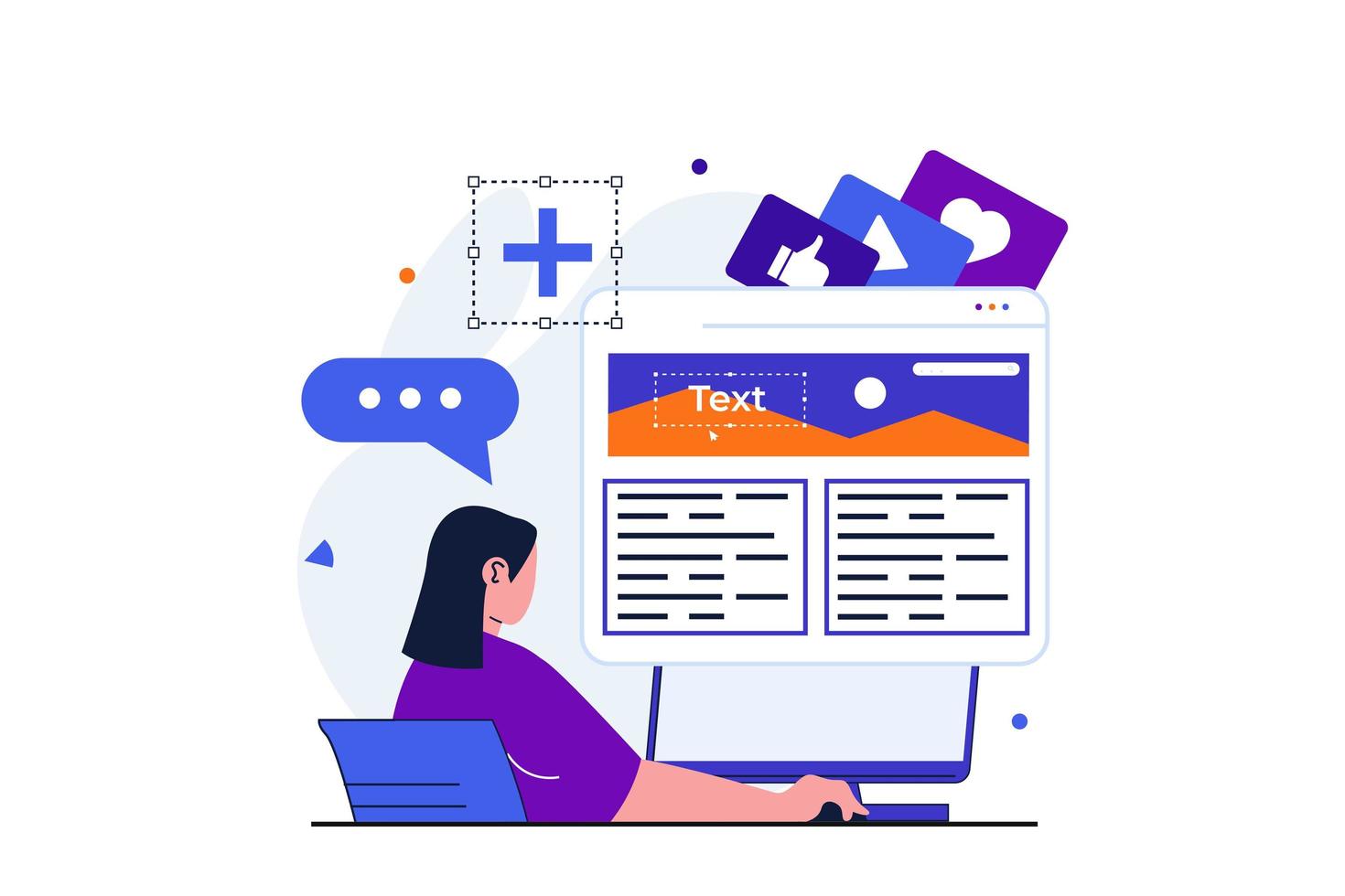 content manager moderno concetto piatto per la progettazione di banner web. donna scrive e pubblica articoli sul blog, organizzazione e ottimizzazione del layout nel browser. illustrazione vettoriale con scena di persone isolate