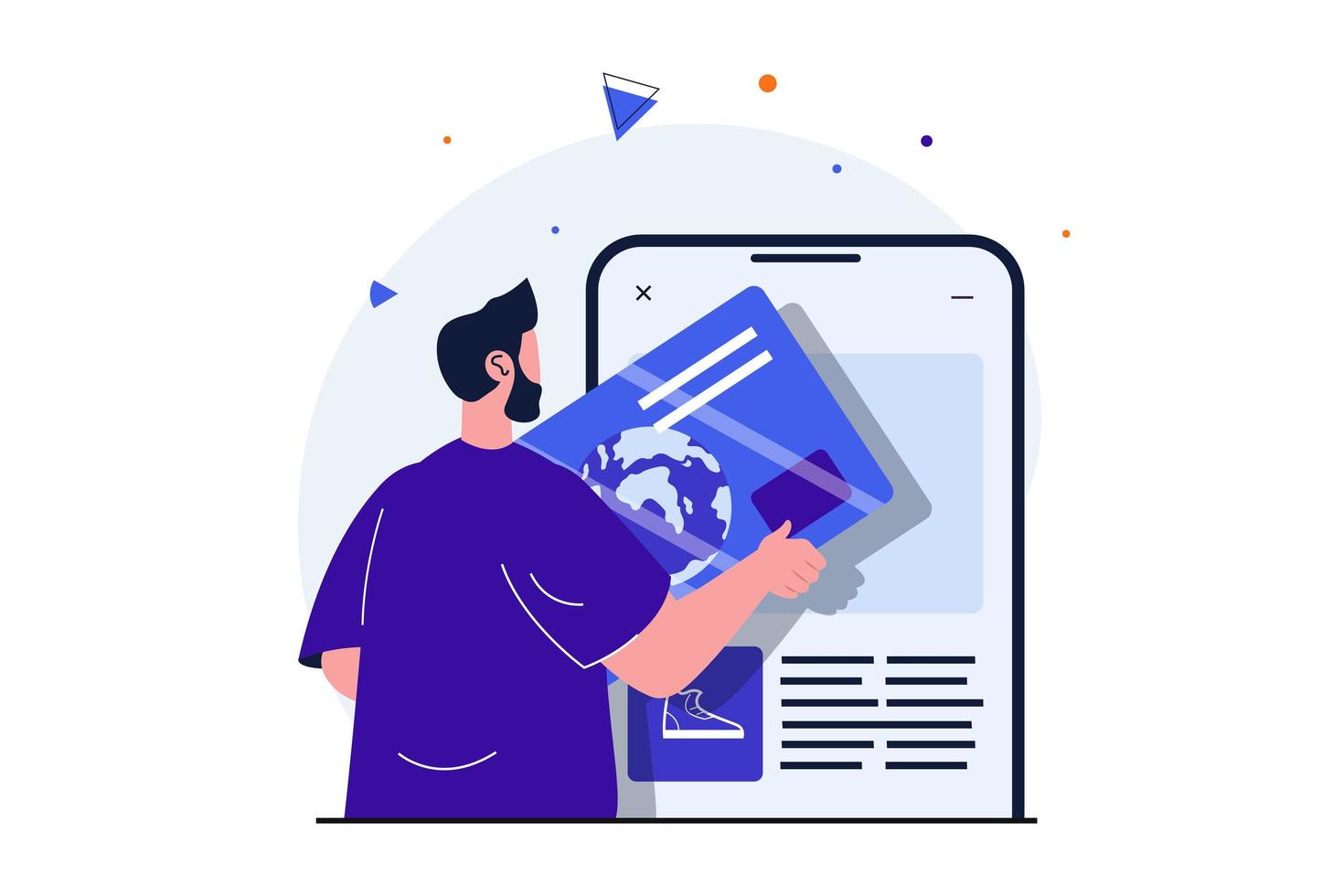 commercio mobile moderno concetto piatto per la progettazione di banner web. l'acquirente maschio effettua acquisti a buon mercato nell'app e paga l'ordine online con carta di credito. illustrazione vettoriale con scena di persone isolate
