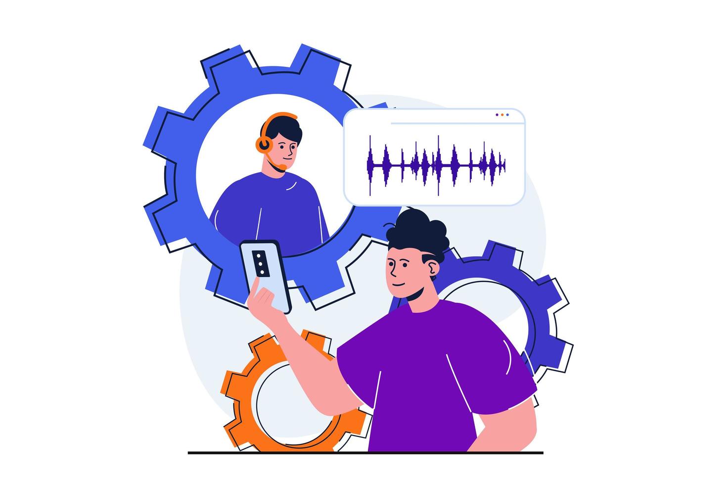 servizio clienti moderno concetto piatto per il design di banner web. il cliente maschio ha contattato il call center per informazioni. l'operatore aiuta a risolvere il problema tecnico. illustrazione vettoriale con scena di persone isolate
